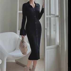 black ribbed stretchy midi thick collared button midi dress, flare ruffle sleeve